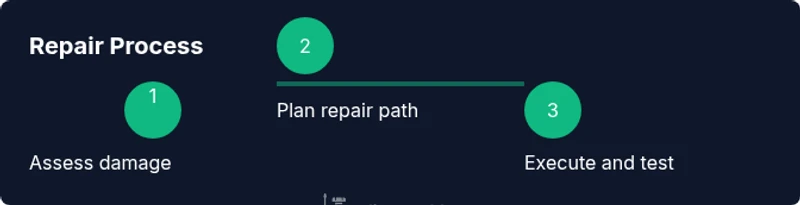 Process infographic showing identify, plan, repair, test steps for a trident