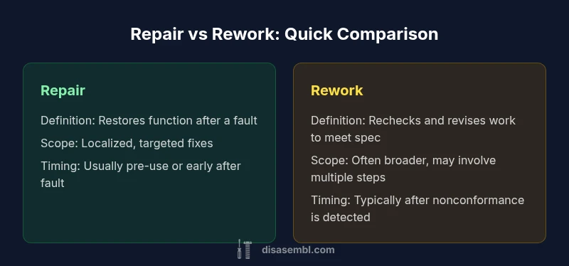 Comparison infographic showing Repair vs Rework in a workshop
