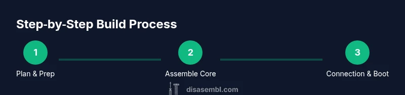Illustration of a PC build process showing planning, assembling components, and booting.