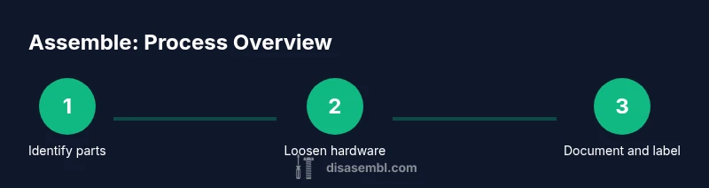 Infographic showing a 3-step assemble process: identify parts, loosen hardware, document and label