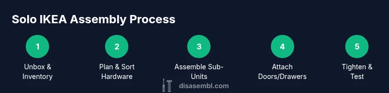 Tailwind-style infographic showing a five-step solo IKEA assembly process