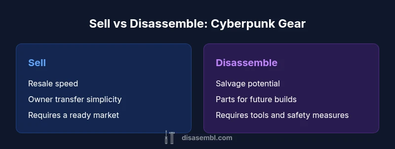 Comparison infographic showing sell vs disassemble for cyberpunk gear