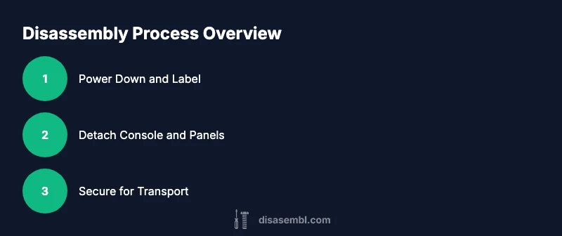 Tailwind-styled infographic showing treadmill disassembly steps